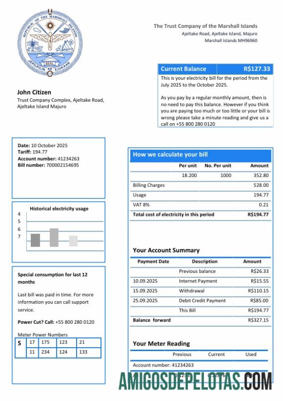 Conta de serviços públicos de eletricidade das Ilhas Marshall baixar para verificação
